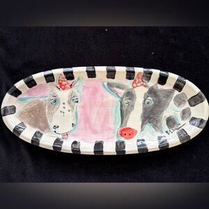 Handmmade Ceramic Serving Tray “Barnyard Buddies Design On Pink13” x5.5”Original